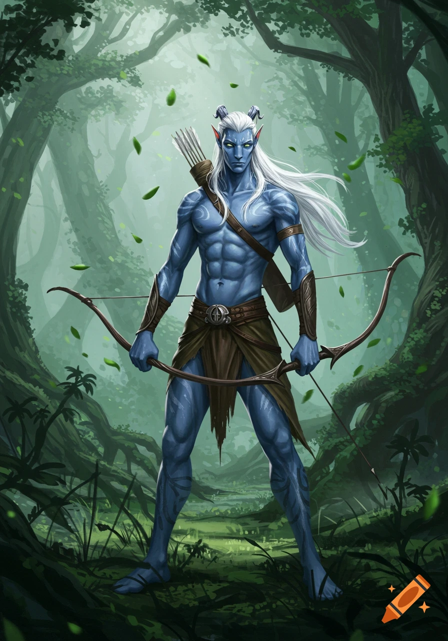 Blue-skinned man with white hair and small horns, holding a bow and quiver, standing in a lush, green forest.