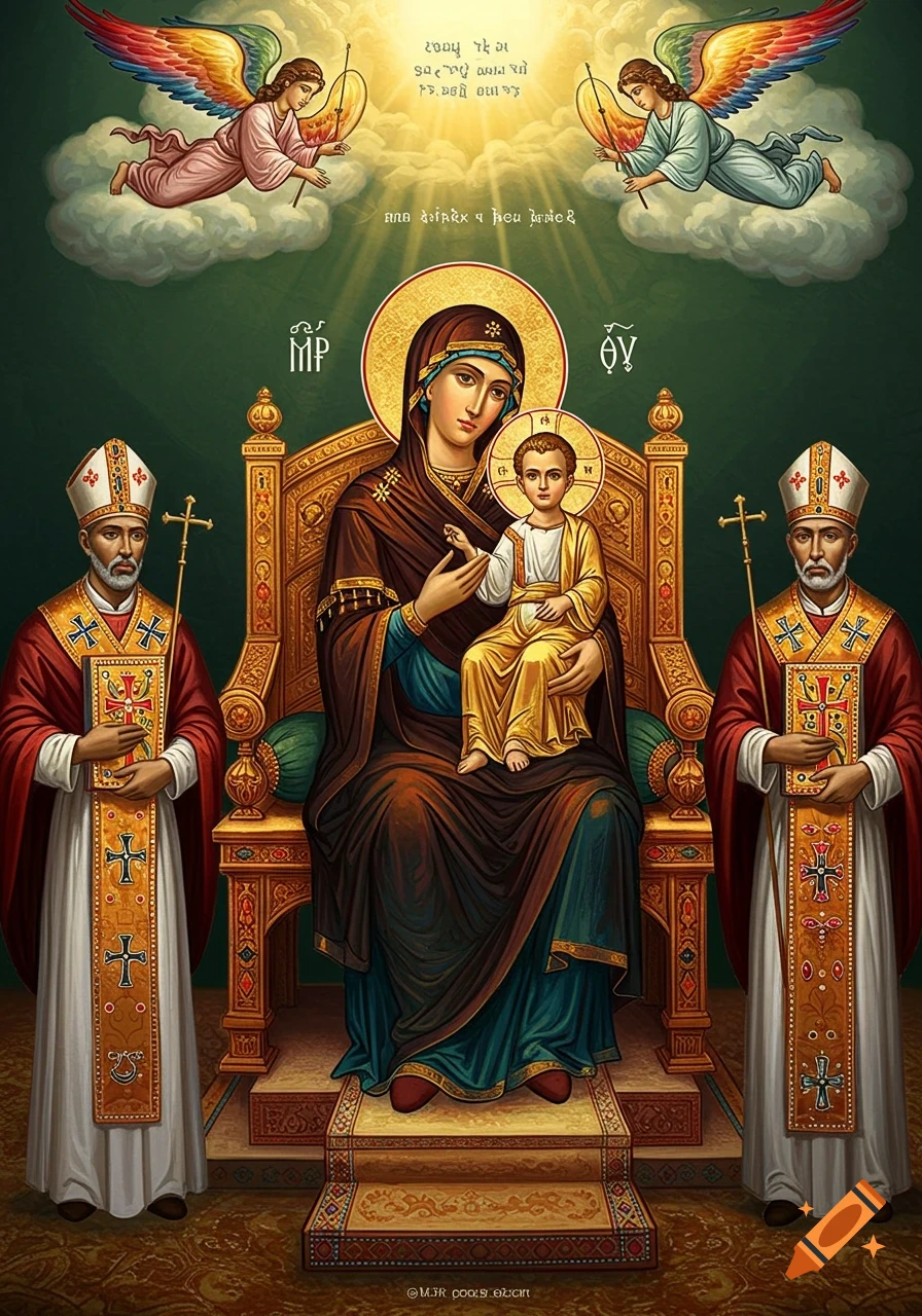 Eritrean Orthodox icon of Mary and Jesus on a throne, flanked by two angels and two priests holding books.