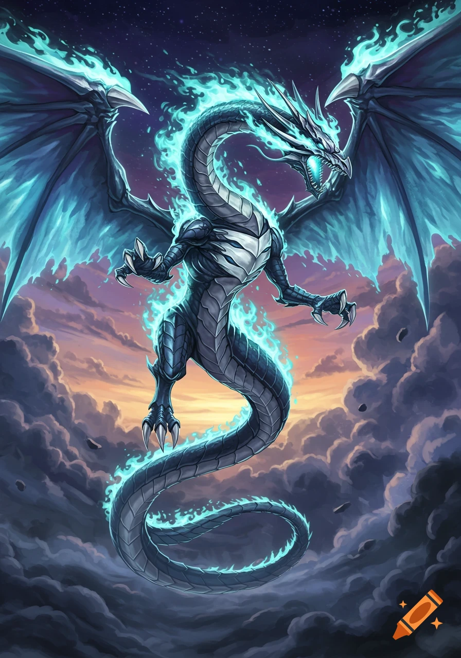 A majestic blue-flaming dragon with large wings and sharp claws ascends from dark clouds against a starry sunset sky, digital art.