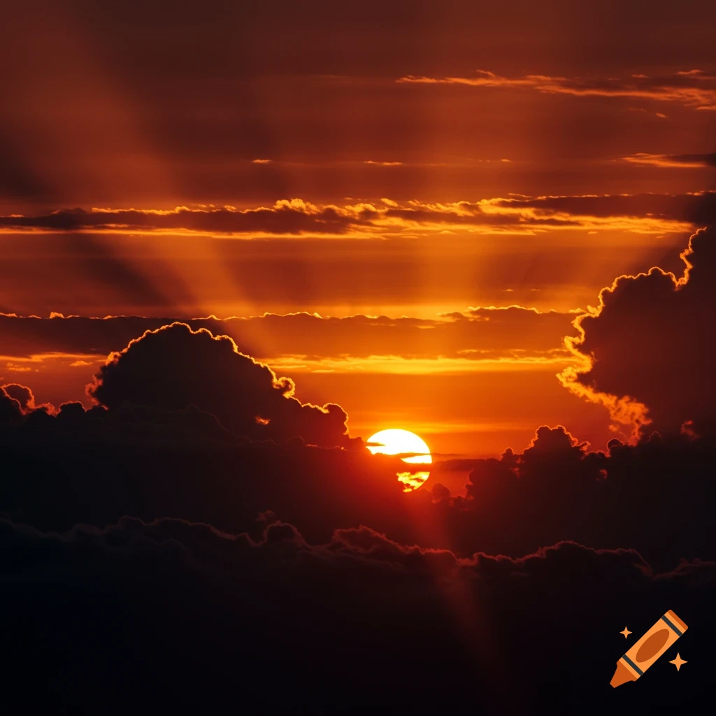 A vibrant orange and red sunset with the sun peeking from behind dark clouds, casting rays of light through the sky.