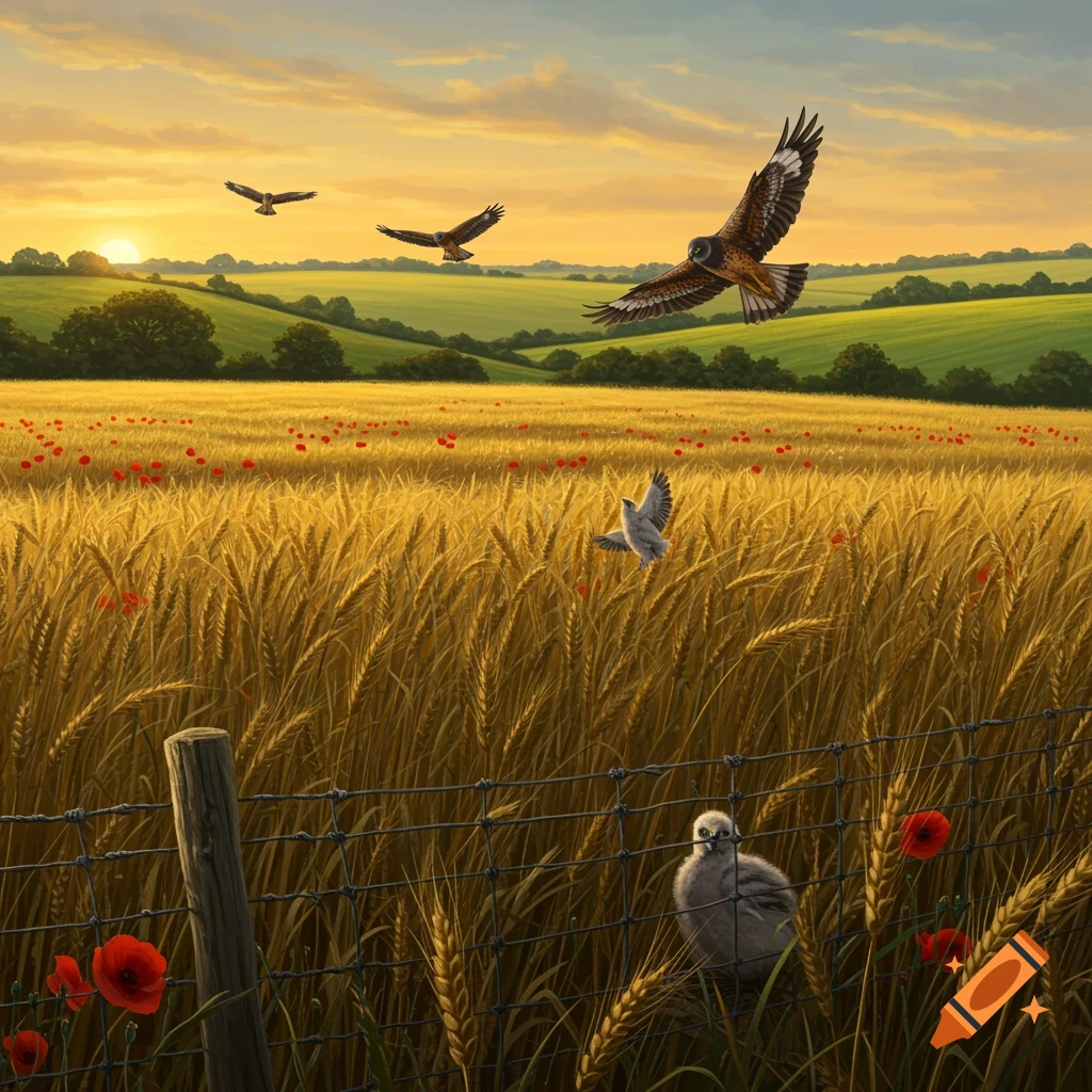 Harrier birds soar above a golden wheat field with red poppies at sunset, with a fledgling near a fence.