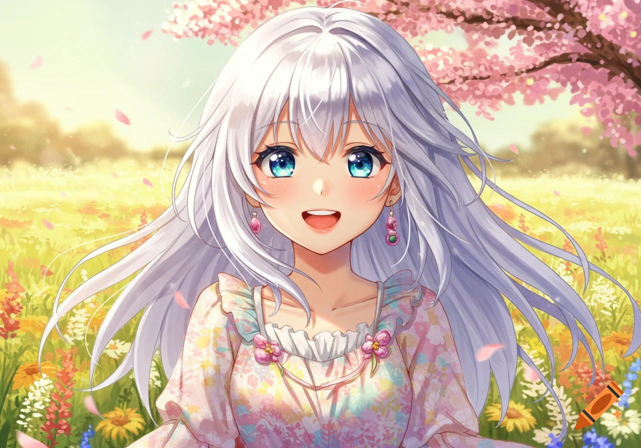 Anime girl with white hair and blue eyes smiling in a vibrant flower field under a pink cherry blossom tree.