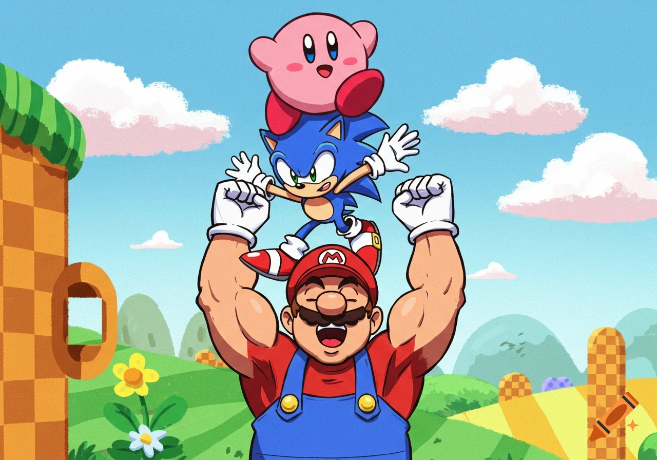 Buff Mario holds up Sonic, who in turn lifts Kirby, against a vibrant green and blue cartoon landscape.