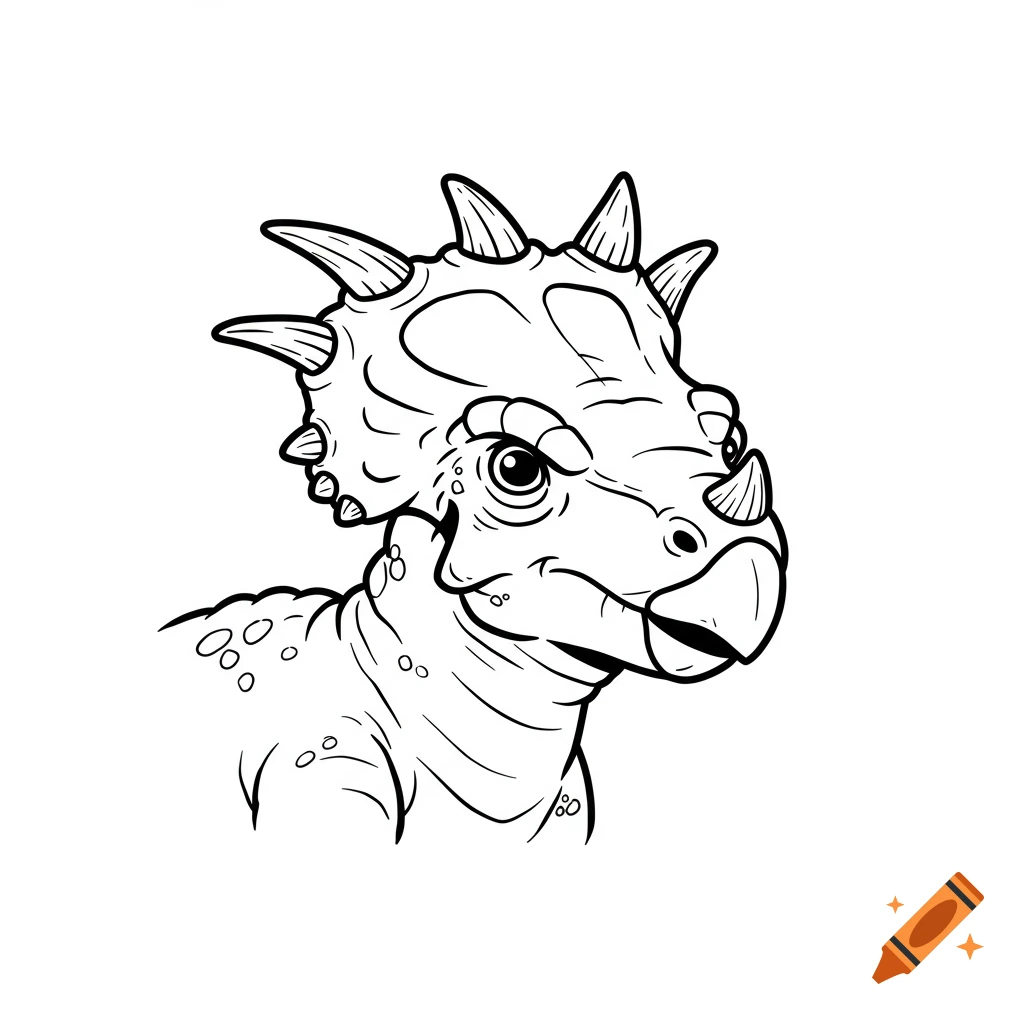A black-and-white line drawing of a playful Stygimoloch with a spiky head and dome-shaped skull.