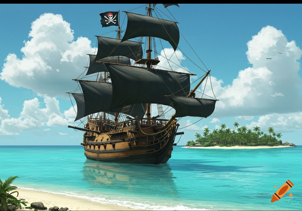 A detailed wooden pirate ship with black sails and a skull and crossbones flag anchored near a tropical island with palm trees.