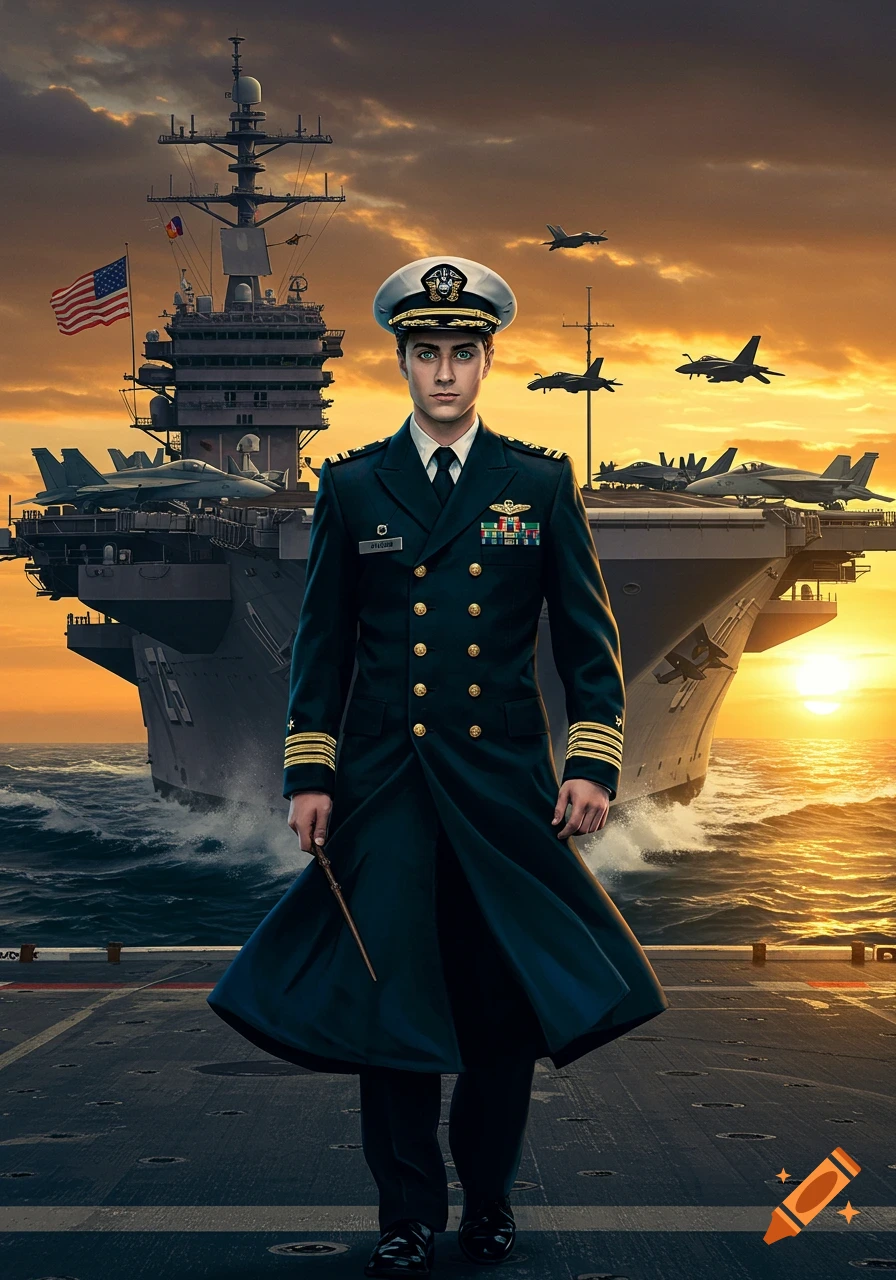 A man resembling Harry Potter in a US Navy admiral uniform stands on an aircraft carrier deck at sunset, holding a wand.