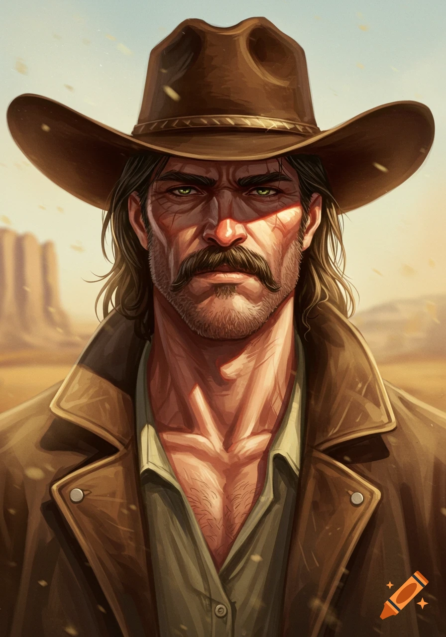 A stern, muscular man with a mustache and long hair wears a cowboy hat and brown jacket in a desert landscape.
