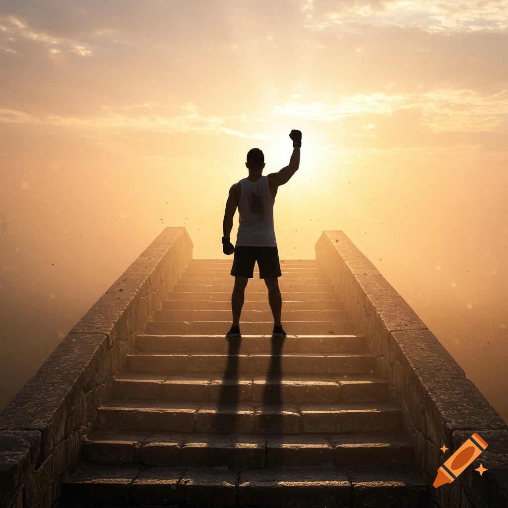 Silhouette of a man in boxing gloves, arm raised in triumph, standing atop long stone stairs against a glowing orange sunset.