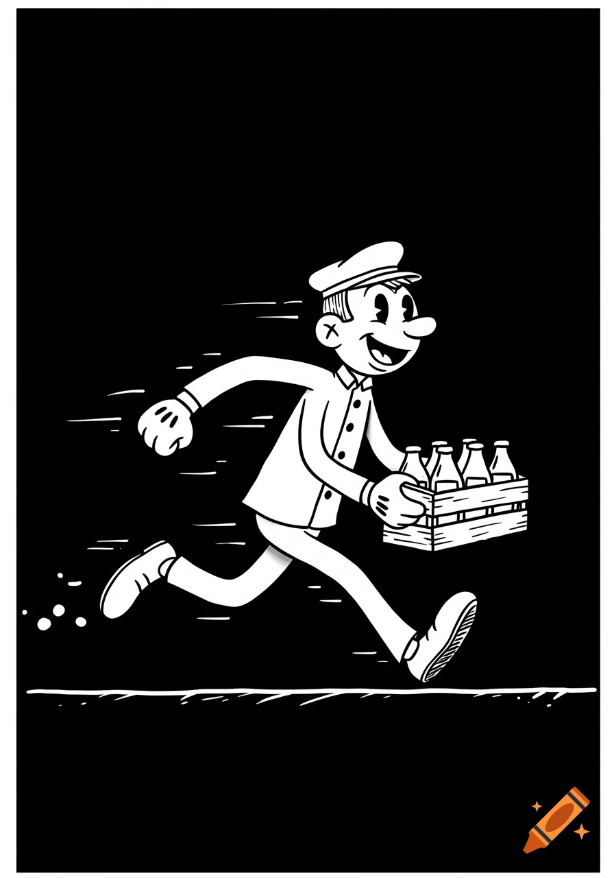 A black and white cartoon drawing of a smiling milkman running while carrying a crate of milk bottles.