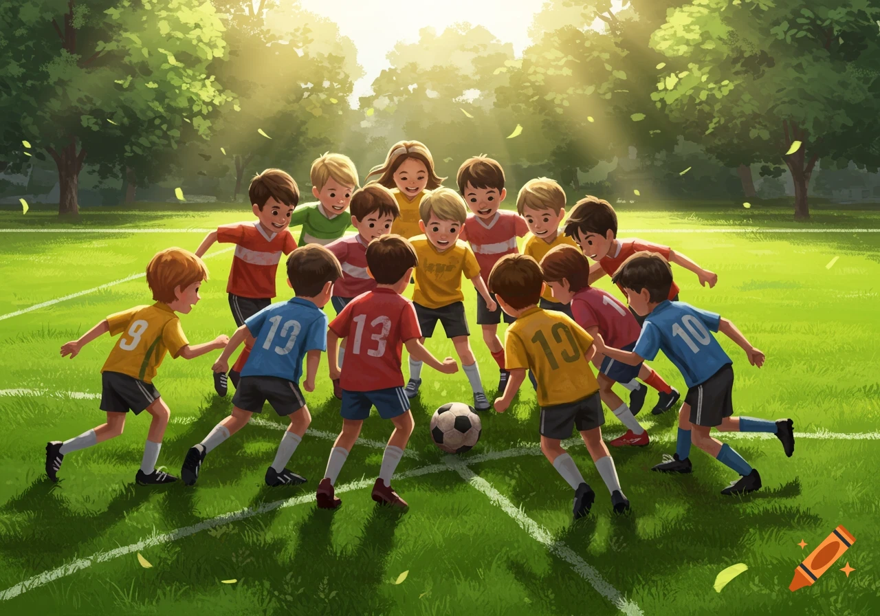 An illustration of a group of children playing soccer on a sunny green field, gathered around the ball.