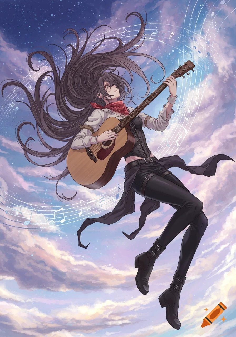 An anime girl with long dark hair, dressed in a white shirt and black corset, plays an acoustic guitar while floating in a cloudy sky with musical notes.