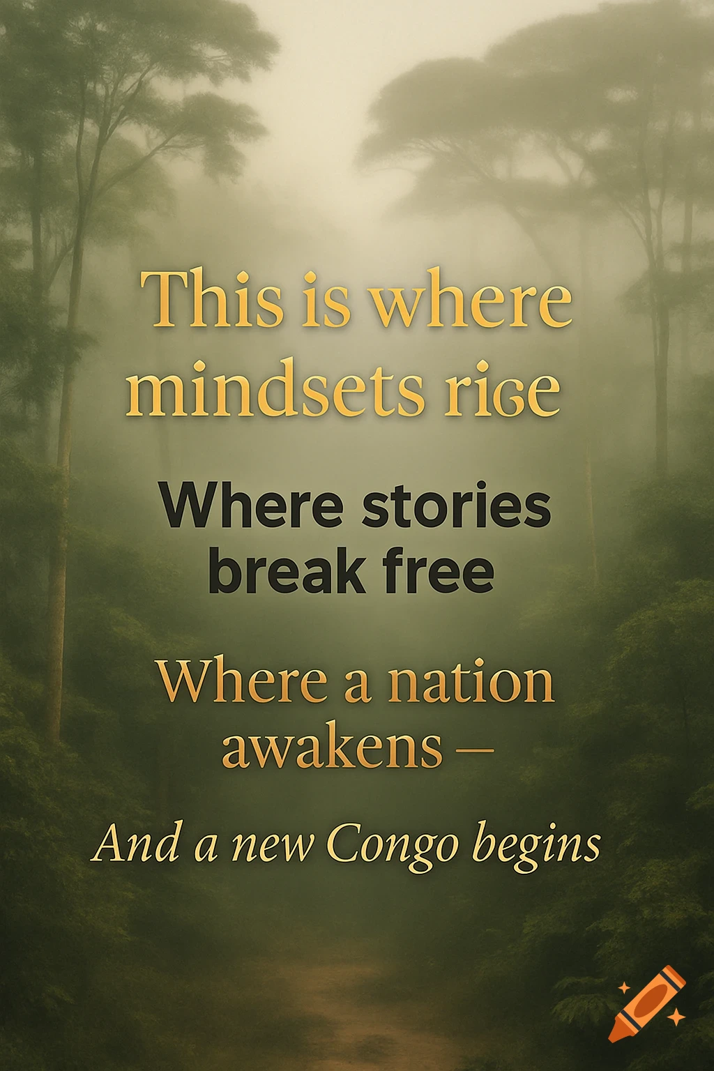 Inspirational text "This is where mindsets rige, Where stories break free, Where a nation awakens — And a new Congo begins" overlaid on a misty, blurred rainforest scene with green trees and a path.