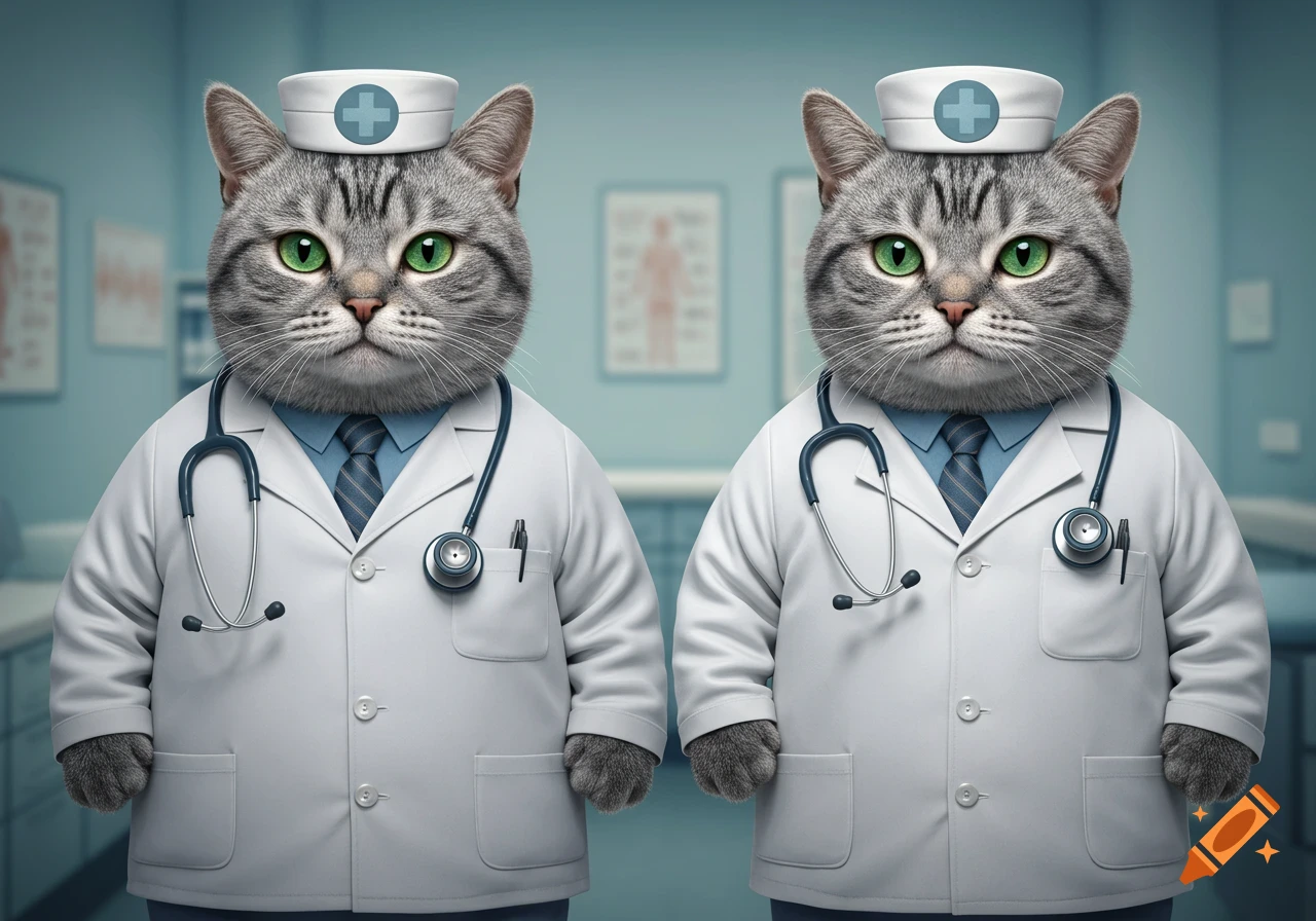 Two photorealistic grey tabby cats with green eyes wearing white doctor coats and stethoscopes, standing in a medical office.