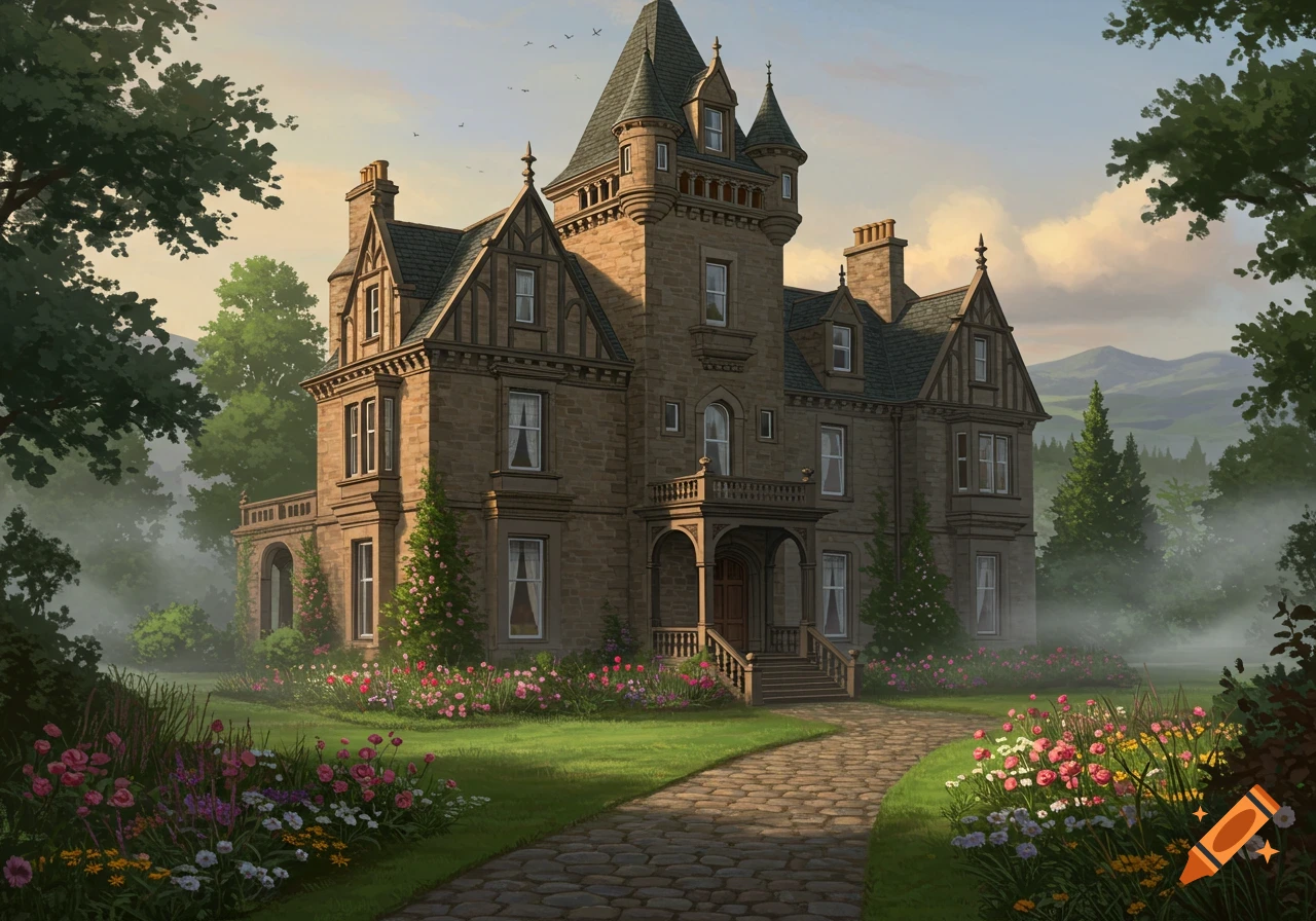 A large stone Victorian-style mansion with a tall tower, surrounded by a vibrant, colorful garden and green trees under a soft sky, with a stone path leading to the entrance.