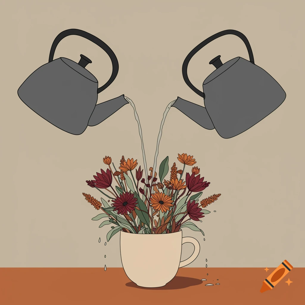 Minimalist illustration of two grey kettles pouring water into a teacup filled with earthy-toned flowers.