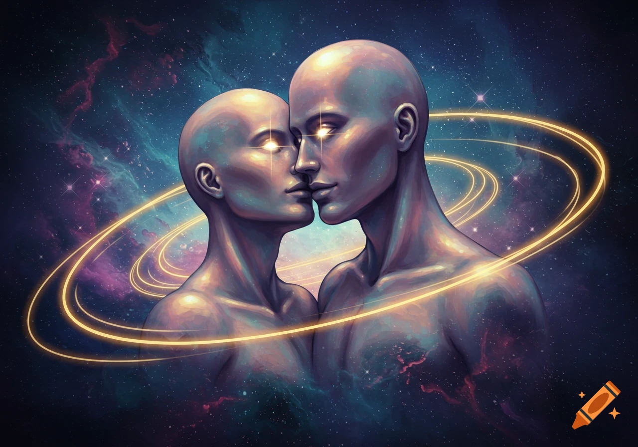 Two bald, ethereal figures with glowing eyes and golden rings around them embrace against a swirling cosmic nebula. Digital illustration.