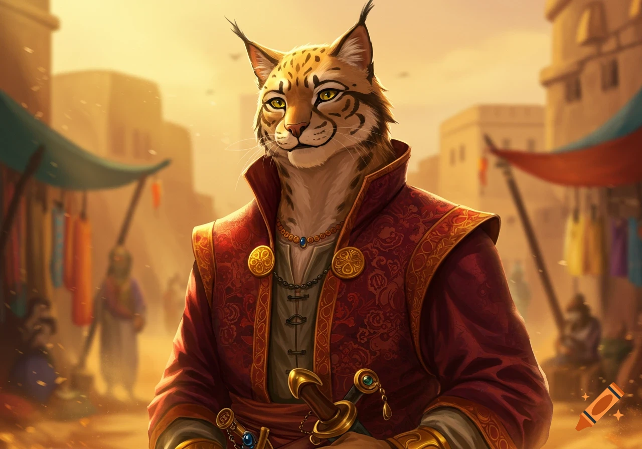 A regal anthropomorphic lynx in ornate red and gold robes holds a dagger in a bustling desert market.