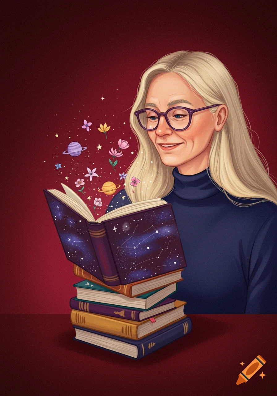 Illustration of a smiling woman with blonde hair and glasses reading a book with planets, stars, and flowers bursting from it.