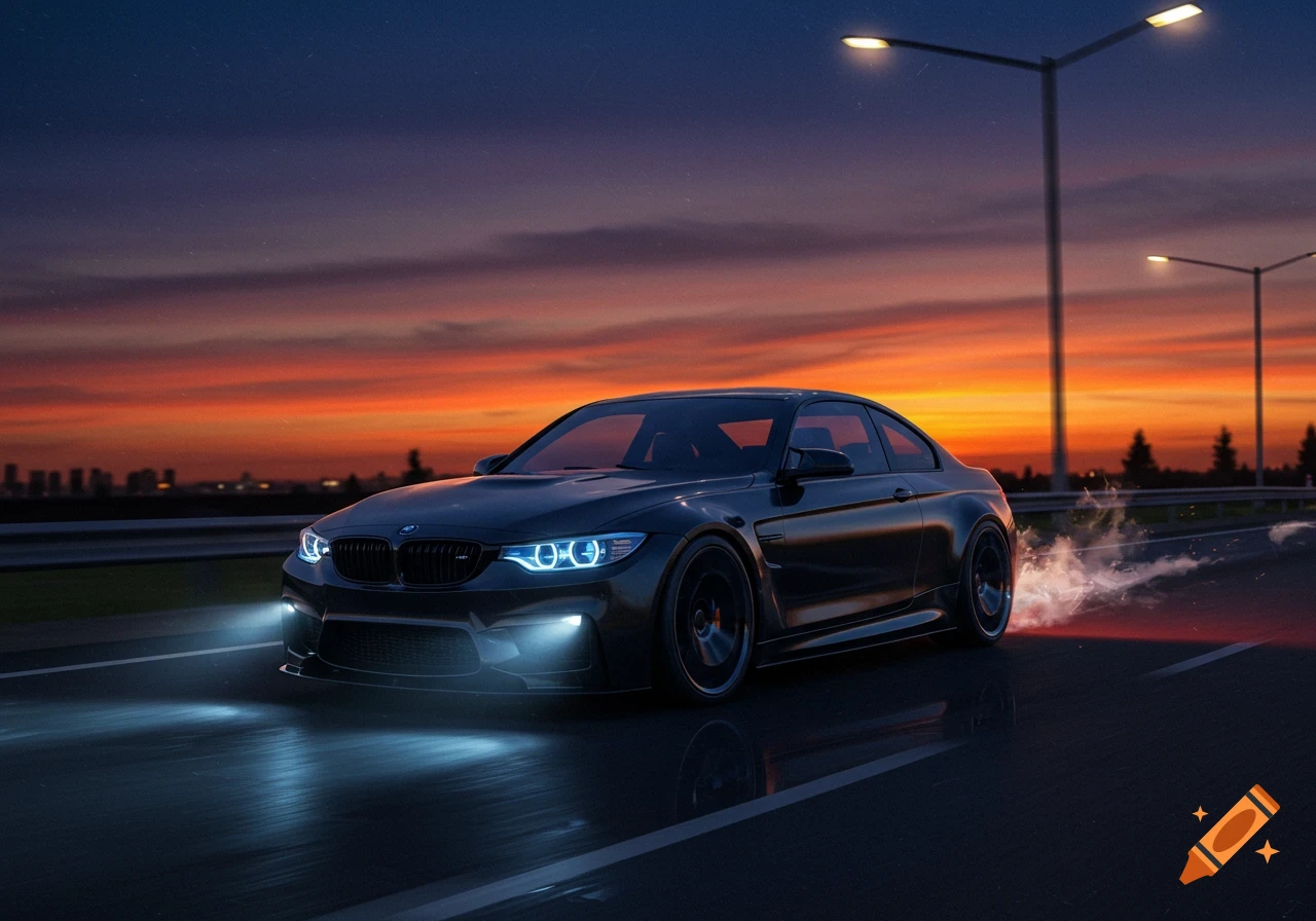 A sleek black BMW M4 coupe drives on a highway at dusk, its blue headlights glowing, against a vibrant orange and purple sunset.
