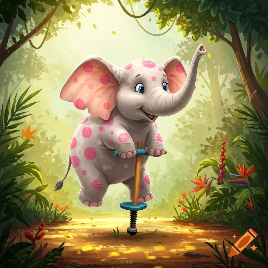 A cute, polka-dotted cartoon elephant joyfully bounces on a pogo stick in a vibrant, sunlit jungle.
