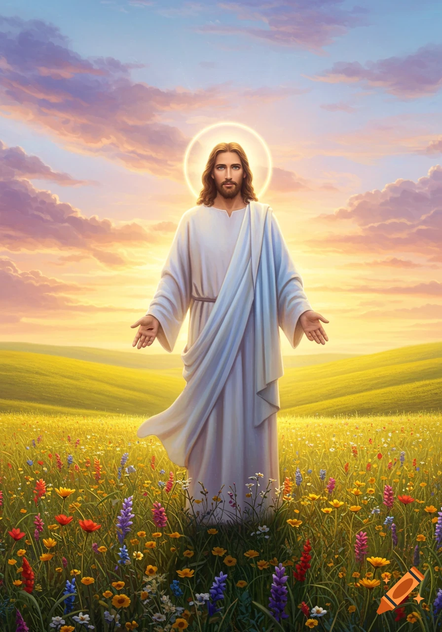 Jesus Christ with a halo stands in a field of colorful wildflowers at sunset, arms outstretched.