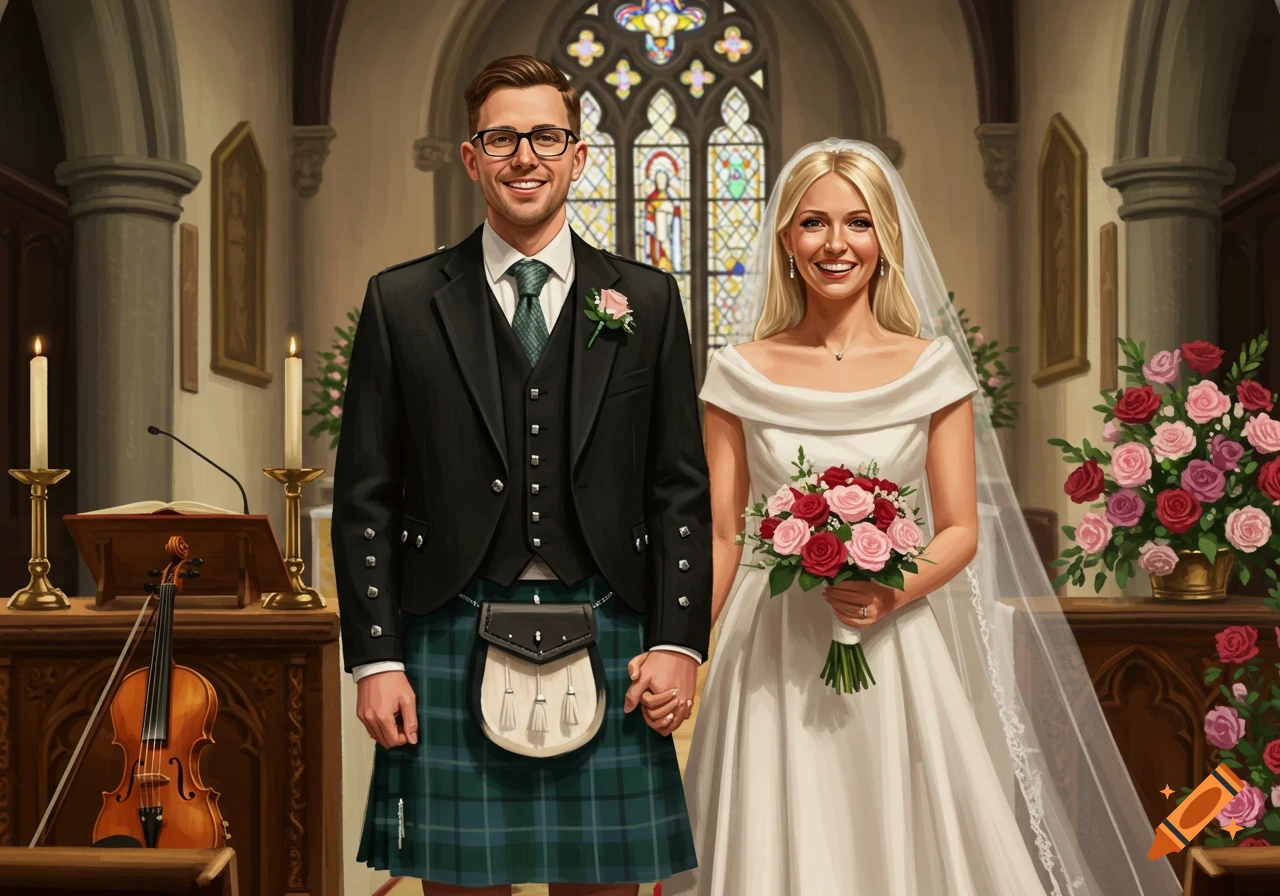 A smiling bride in a white gown and groom in a green kilt holding hands in a church with stained glass windows and roses.