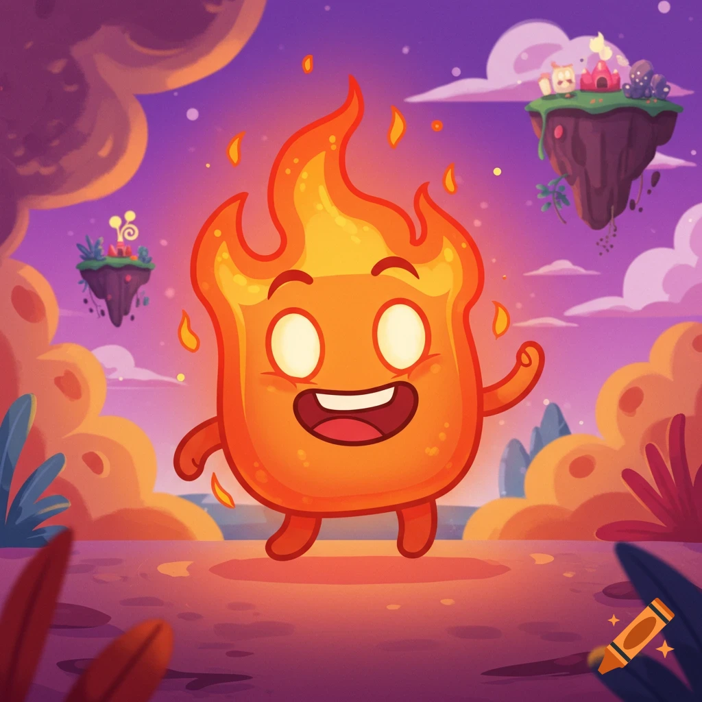 A happy, cartoon flame character (Firey) walks in a vibrant fantasy landscape with floating islands and a purple sky.