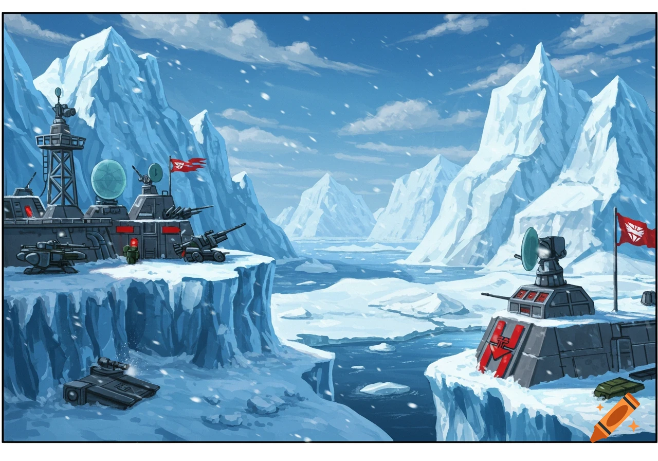 A cartoon-style arctic military base with snow-capped mountains, cannons, and a flag with a robot symbol.