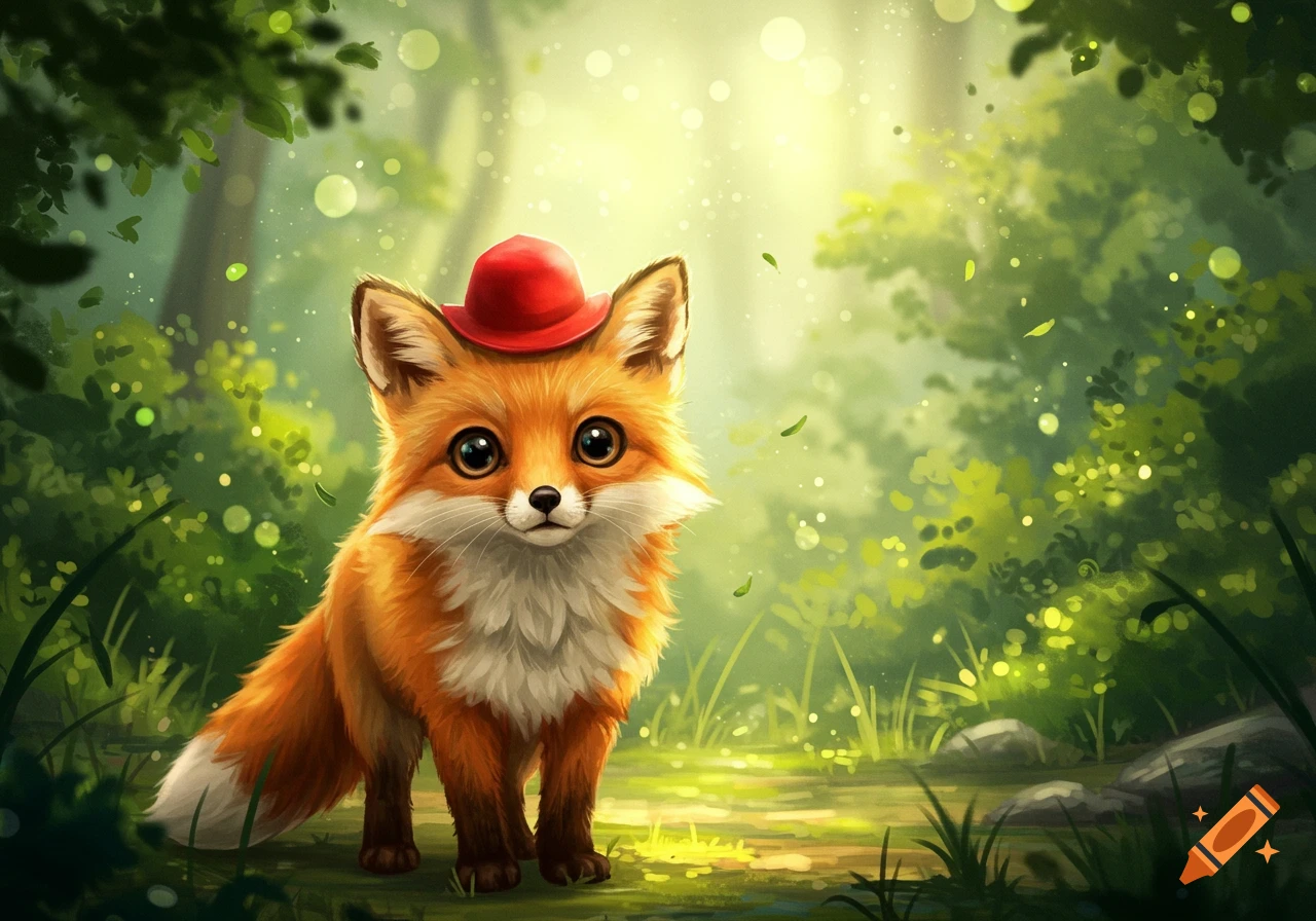 A cute, cartoonish fox wearing a red hat stands in a brightly lit, magical forest.