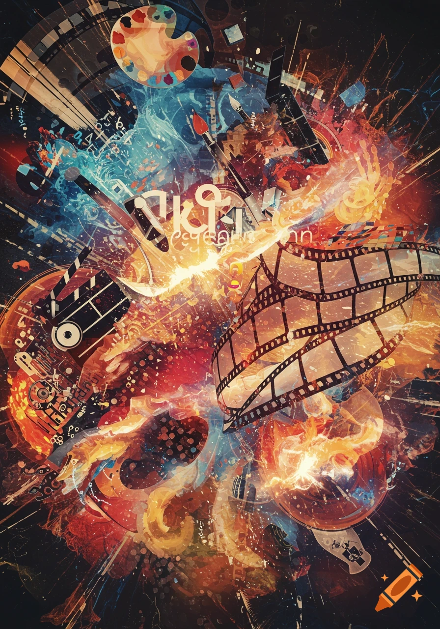 A vibrant, abstract explosion of artistic and media elements, including a paint palette, film reel, clapperboard, paintbrushes, and abstract text-like symbols, in red, orange, blue, and black.
