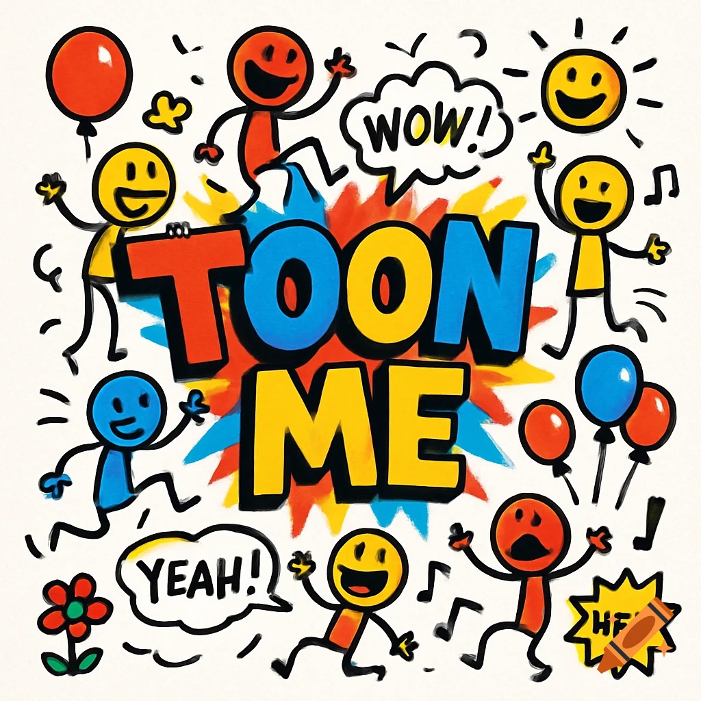 Vibrant cartoon illustration with colorful stick figures dancing around large text 'TOON ME' and speech bubbles like 'WOW!' and 'YEAH!'