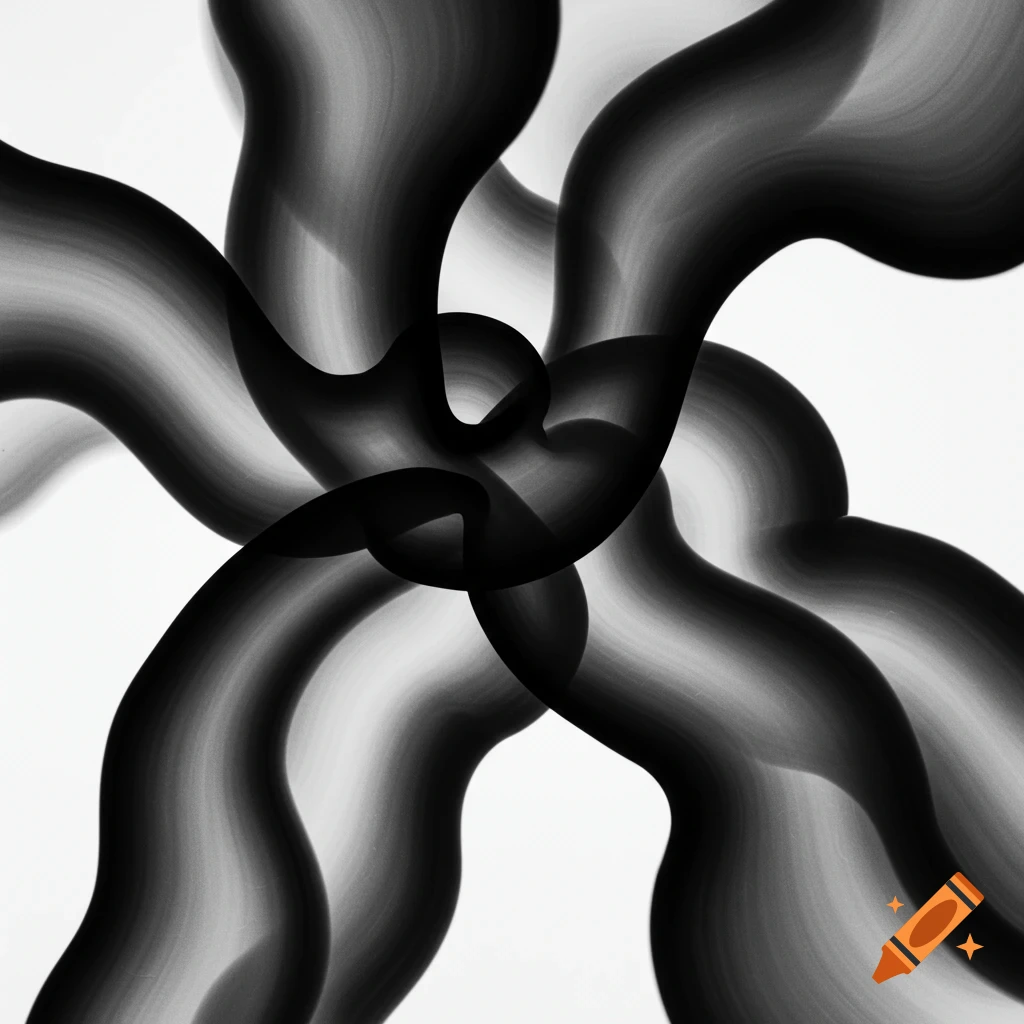 Swirling black and white abstract shapes form an intricate design.