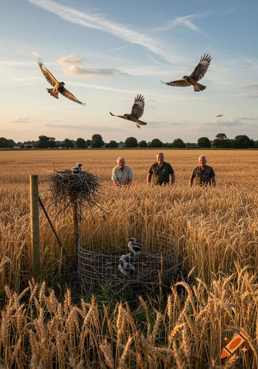 Photorealistic image of three adult harriers flying over a golden wheat field with chicks in nests and three men watching.