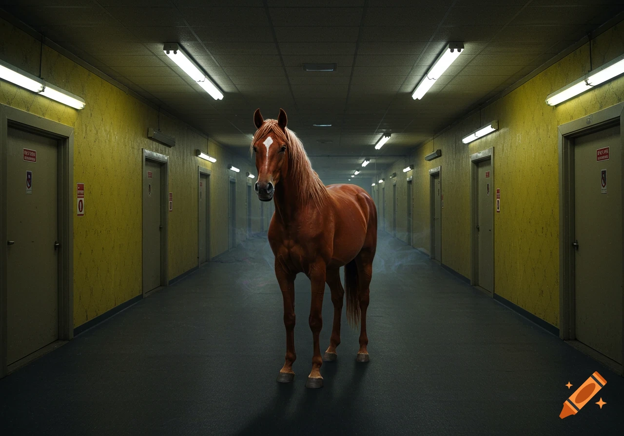 A brown horse stands in the middle of a long, dimly lit hallway with yellow textured walls and multiple doors.