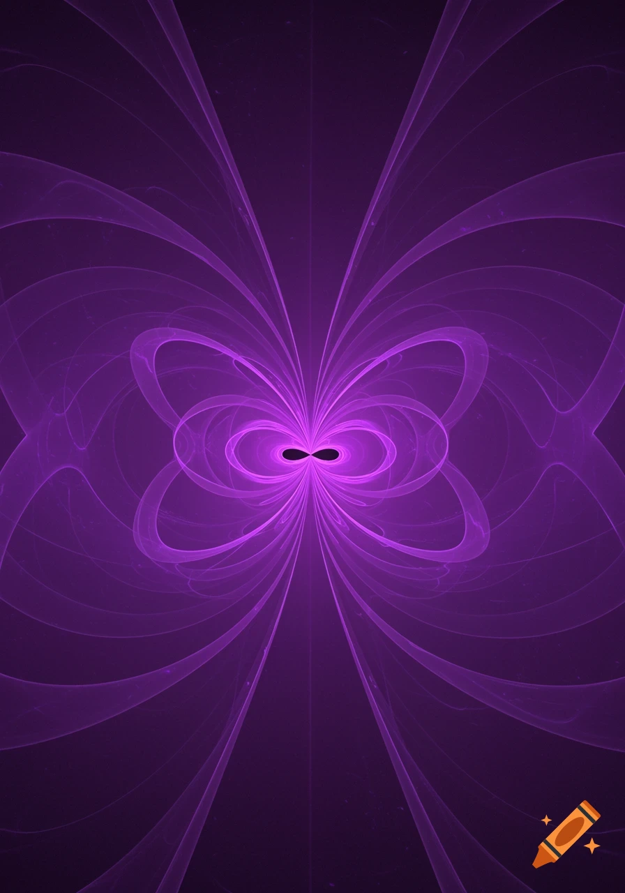 A vibrant purple abstract pattern with symmetrical swirling lines radiating from a central point, forming a butterfly-like shape.