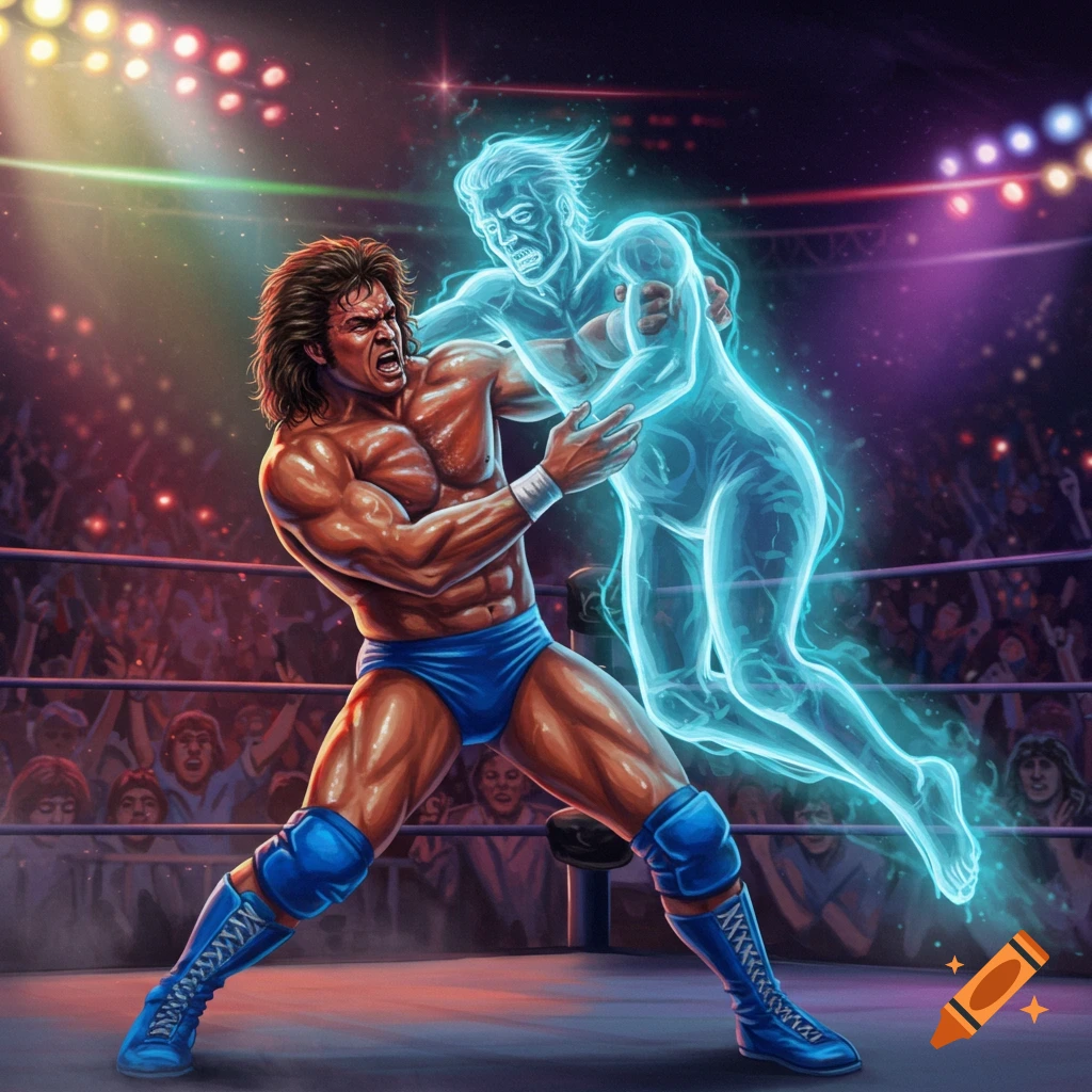 A muscle-bound wrestler in blue attire grapples with a glowing blue ghost in a wrestling ring, surrounded by spectators. Stylized illustration.