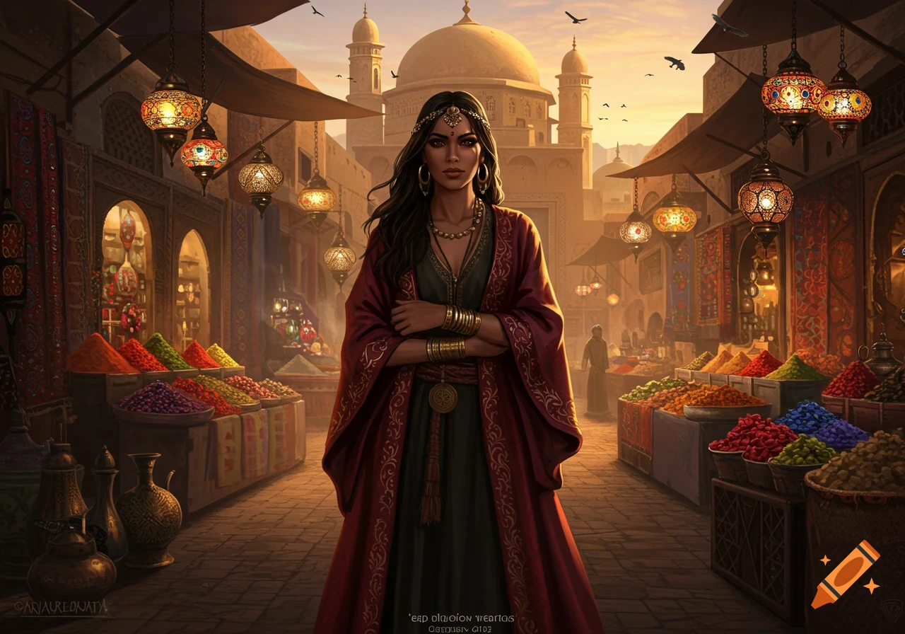 A woman in a red and green dress with golden jewelry stands in a vibrant Middle Eastern market at sunset, with a mosque in the background.