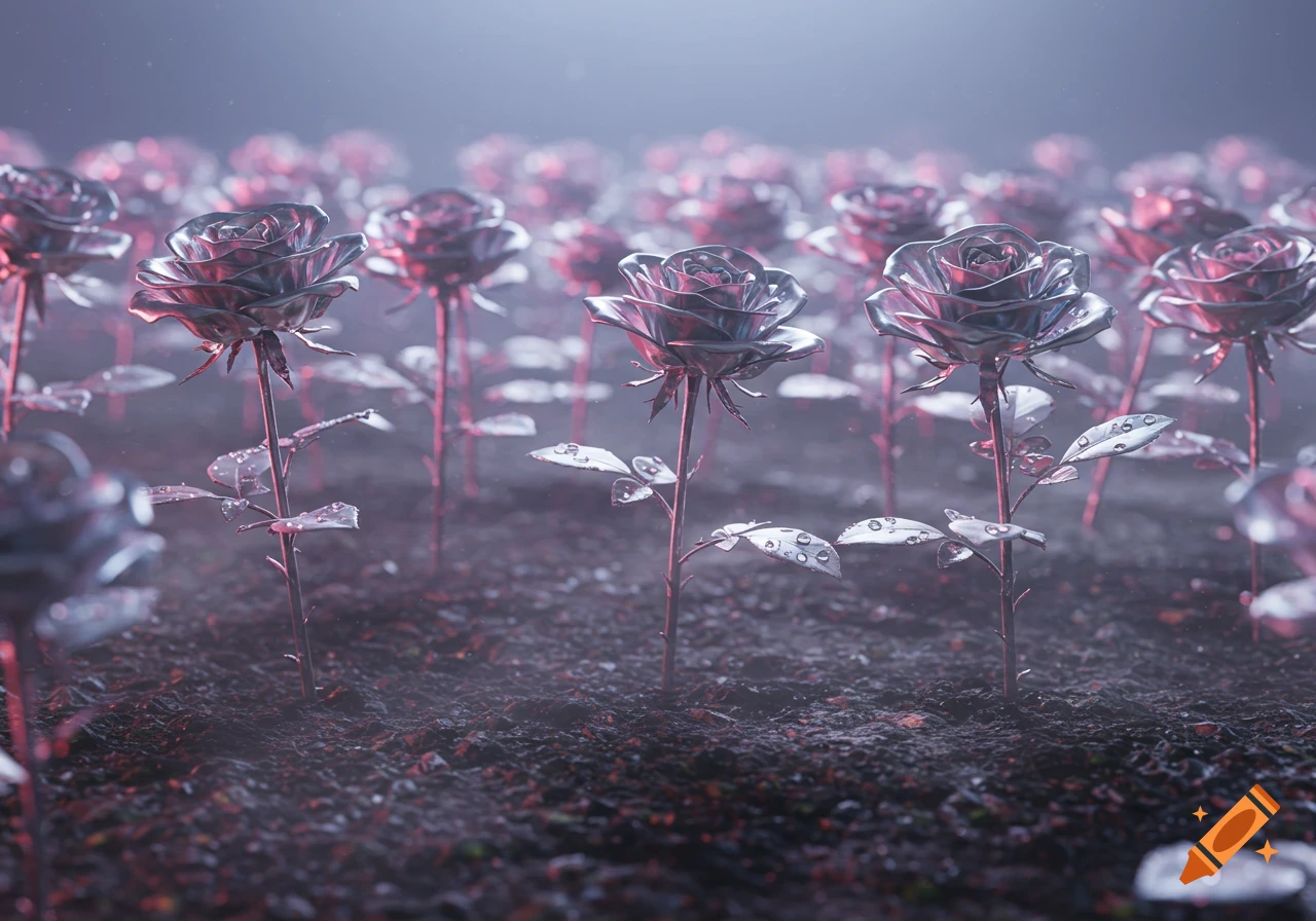 A bed of metallic silver roses with water droplets on their leaves, in a mysterious, misty setting with purple and blue lighting.