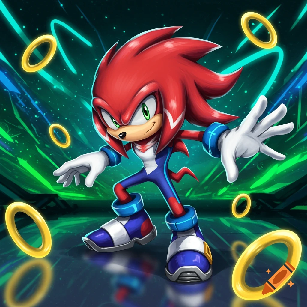 A red echidna character, a Sonic OC, in a blue and white suit stands in a glowing green and blue environment with golden rings.