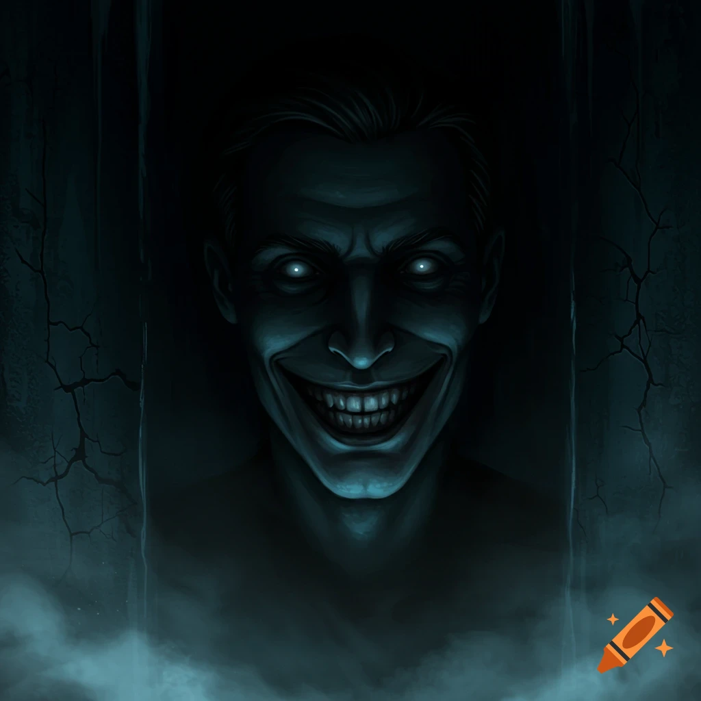 A dark, unsettling digital painting of a man's face with a wide, eerie smile and glowing white eyes, emerging from shadows.