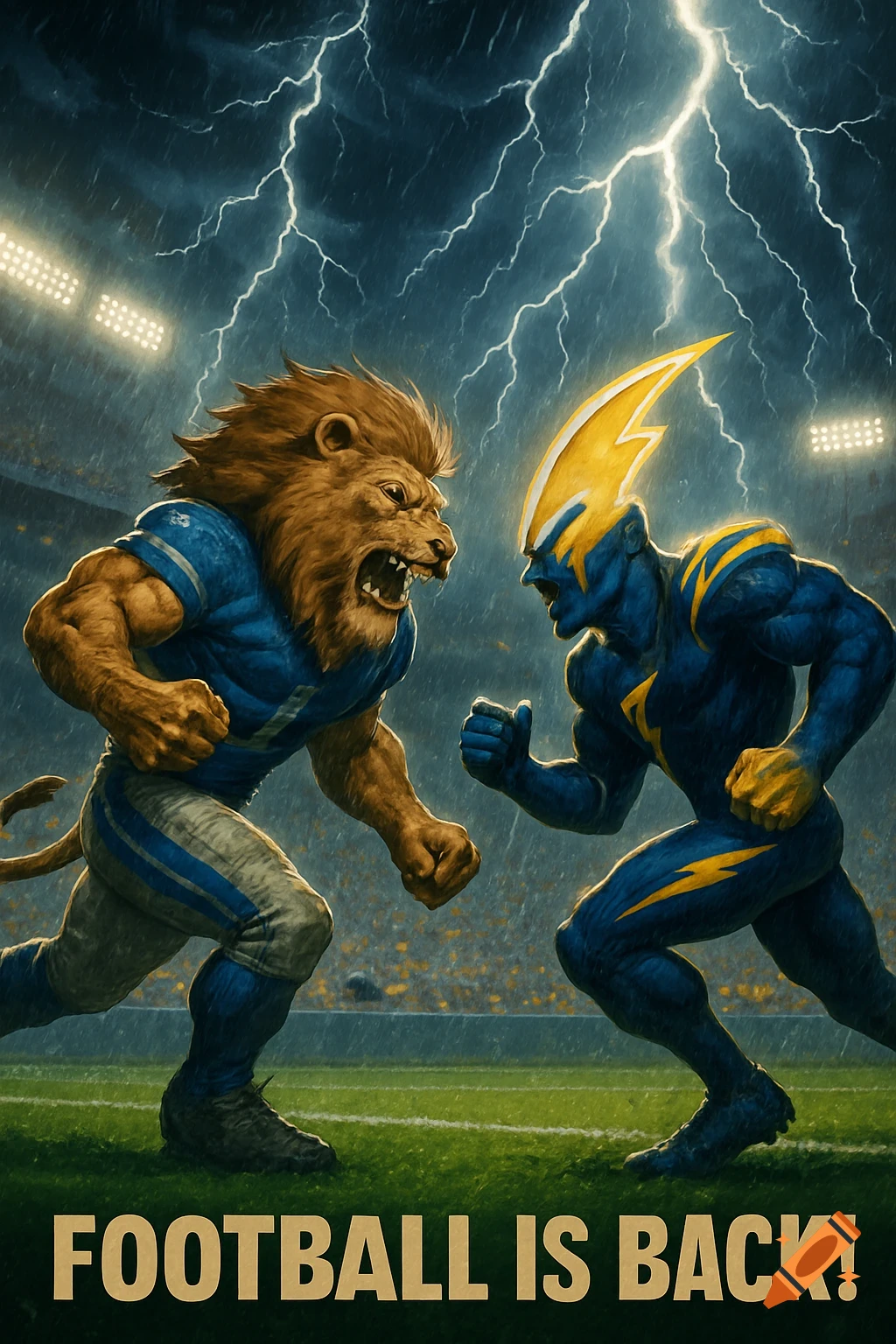 Digital painting of a roaring lion mascot facing a lightning bolt mascot in a stormy football stadium. Text: FOOTBALL IS BACK!