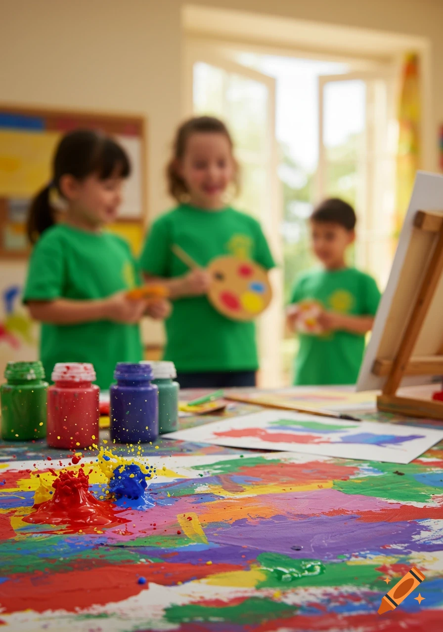 Vibrant paint splashes and bottles on a table with blurred children in green shirts painting in the background.