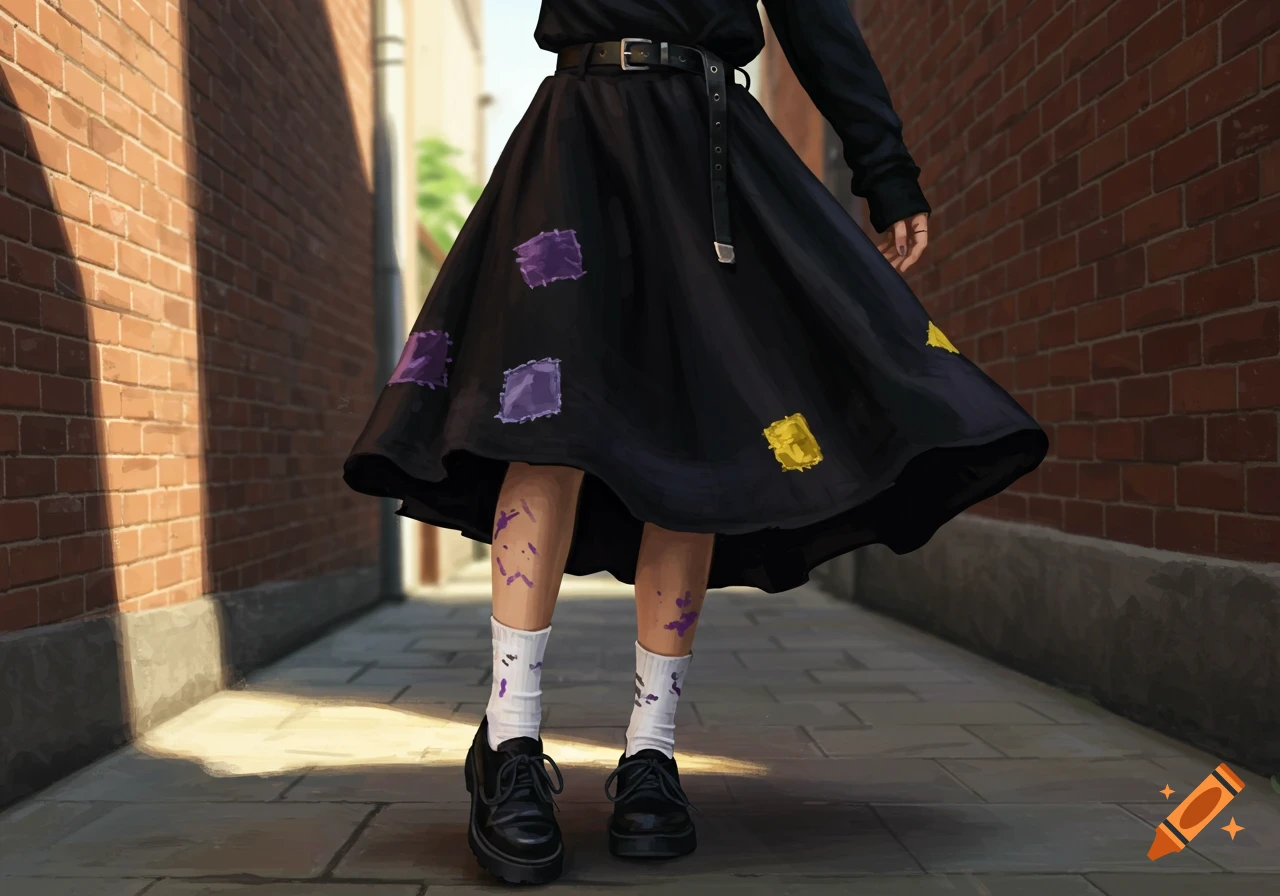 A person's legs wearing a black skirt with colorful patches, white socks with purple splatters, and black shoes, standing in an alleyway.