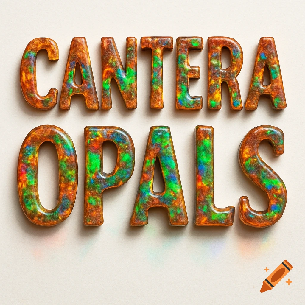The words 'CANTERA OPALS' rendered in a textured, iridescent style resembling cantera opals, against a light background.