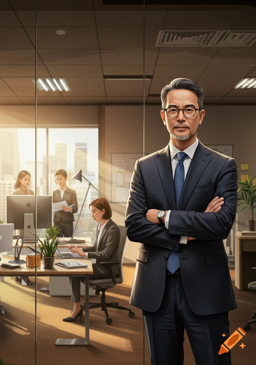 A photorealistic East Asian businessman in a suit stands with crossed arms in a modern office, with blurred colleagues working behind glass.