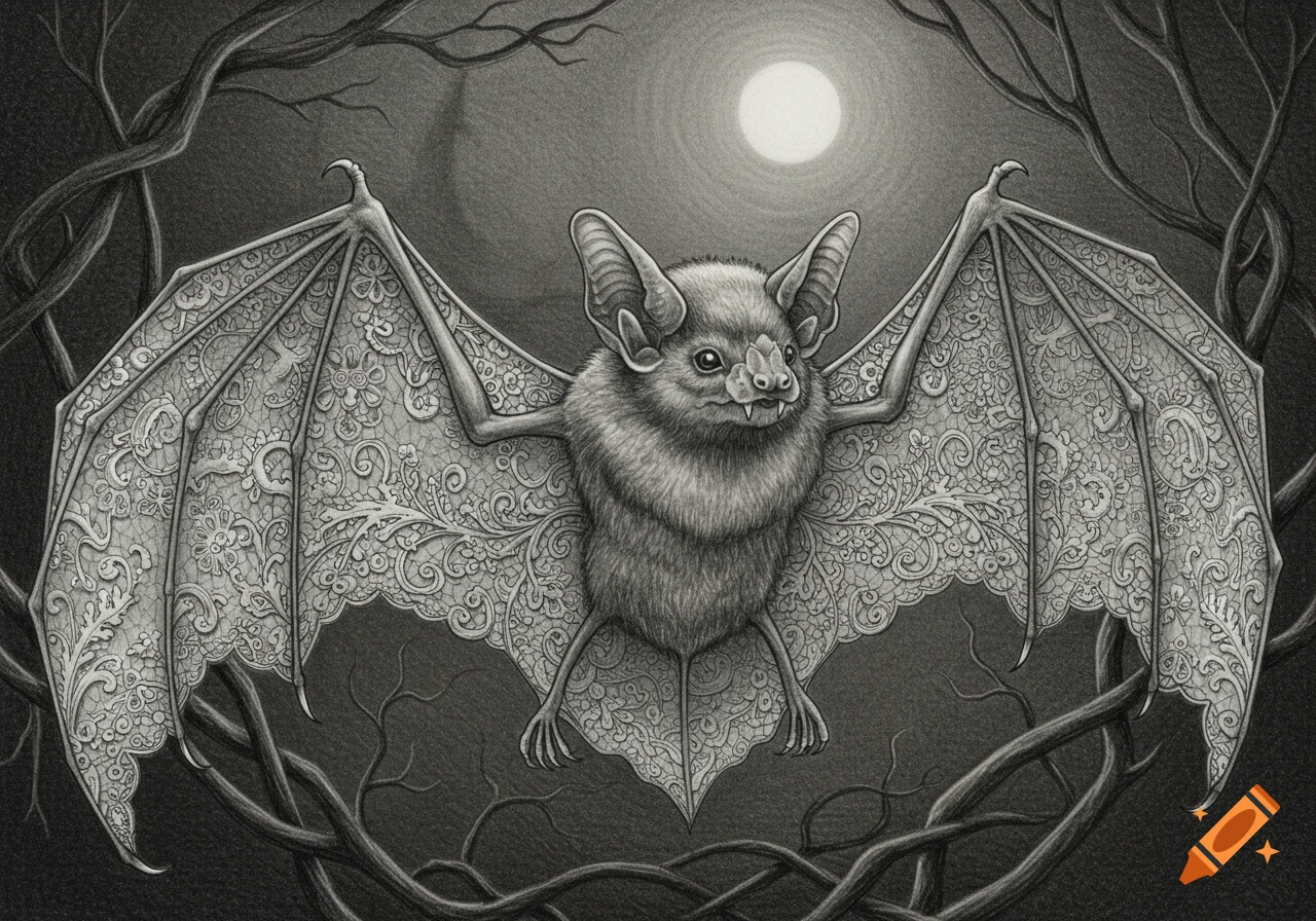 Detailed pencil drawing of a bat with intricate lace-patterned wings, silhouetted against a full moon and dark branches.
