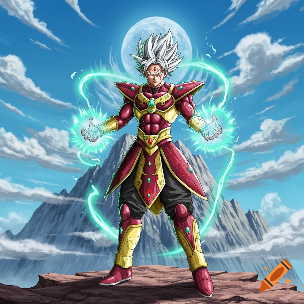Powerful anime character with white spiky hair and red-gold armor, hands glowing with turquoise energy, standing on a mountain under a full moon.