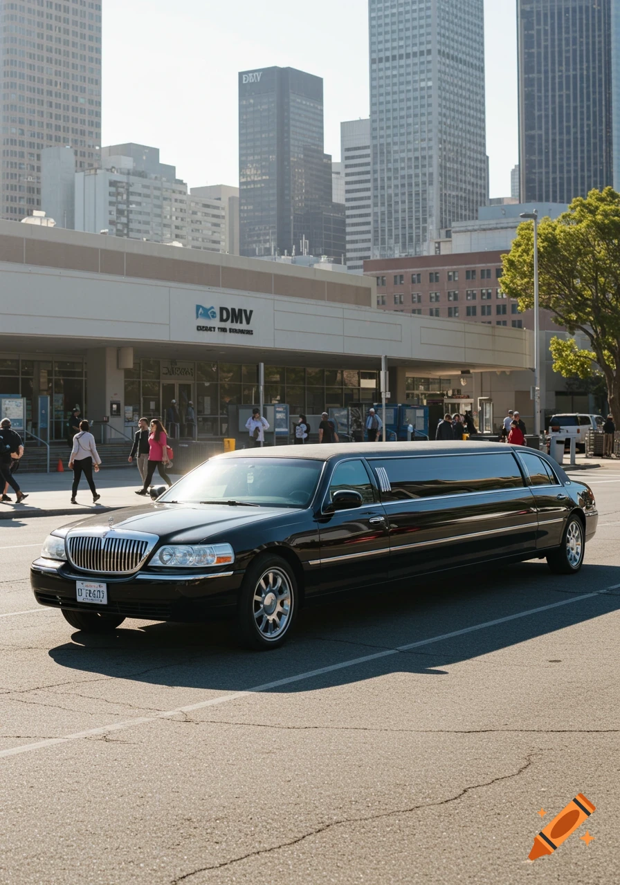 A black limousine parked on a street in front of a DMV building with people and city skyscrapers in the background.