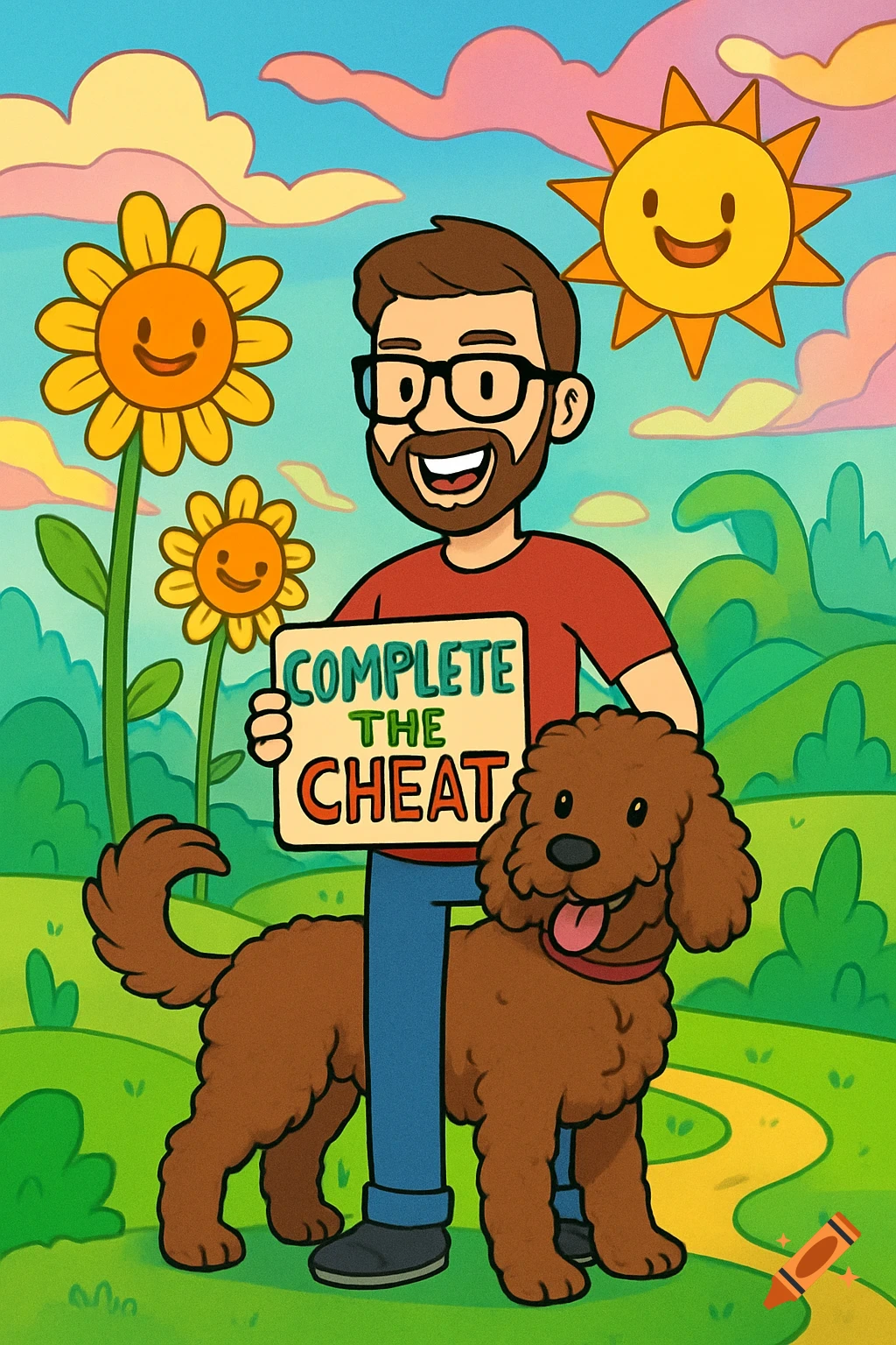 A cartoon man with a beard and glasses holds a sign that reads "COMPLETE THE CHEAT" next to a brown poodle in a sunny field with sunflowers and a smiling sun, in Adventure Time style.
