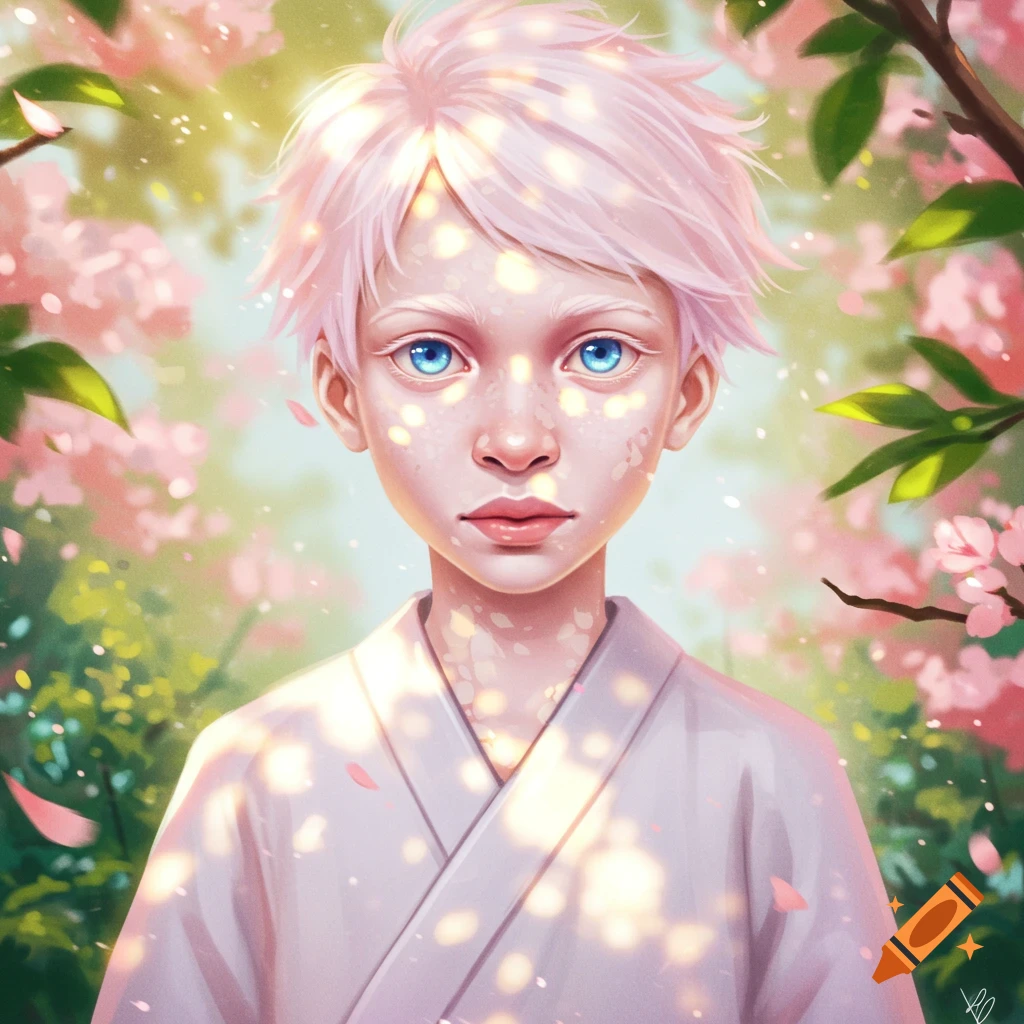 Illustration of a young boy with pink hair and blue eyes, dappled sunlight on his face, surrounded by pink blossoms.